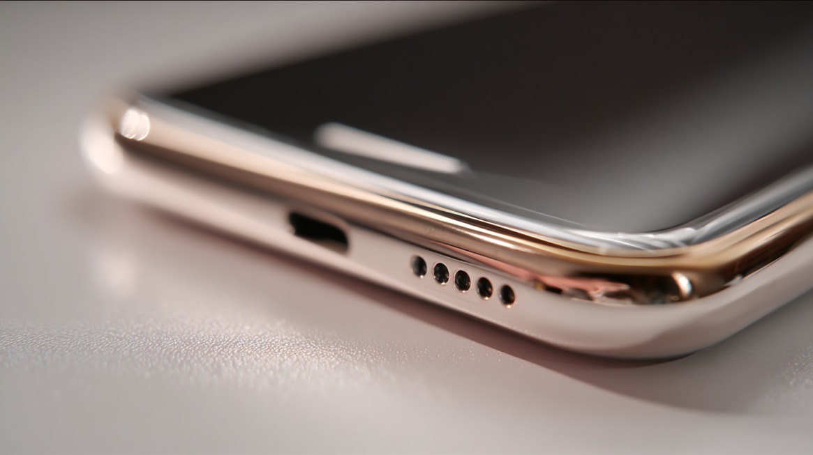 Close-up view of a smartphone’s charging port and speaker holes