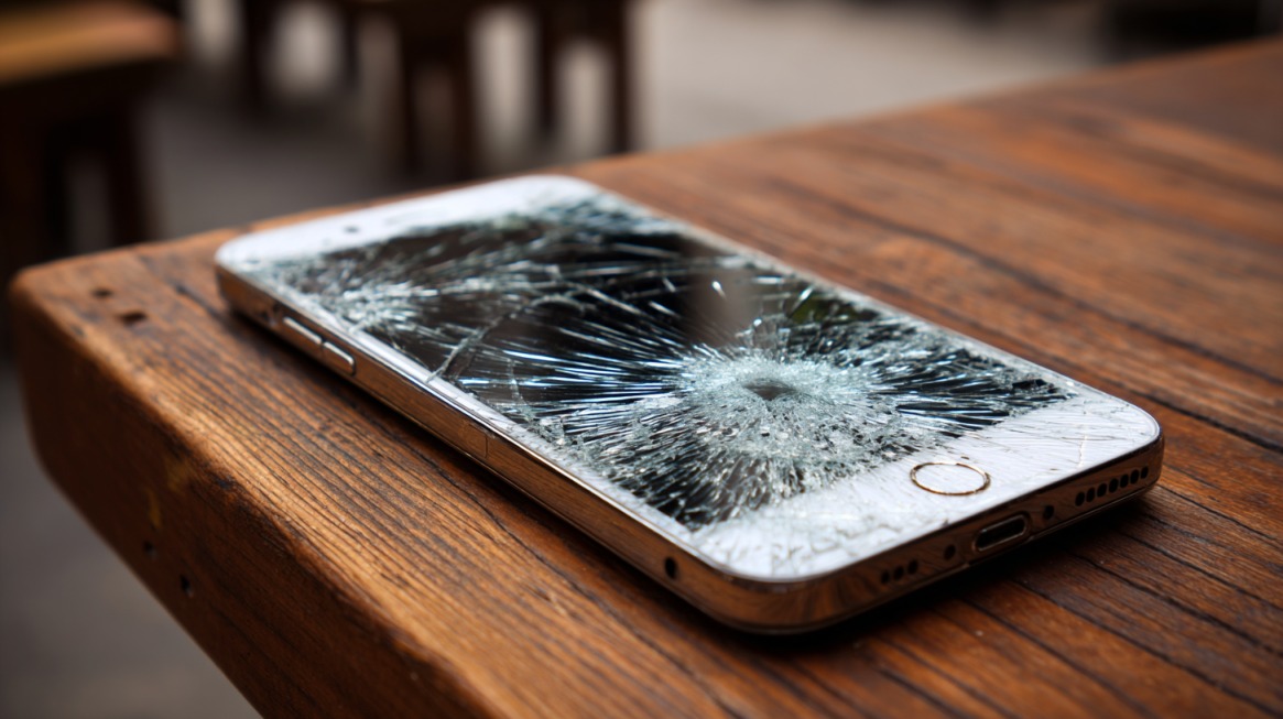 Smartphone with a severely cracked screen resting on a wooden table