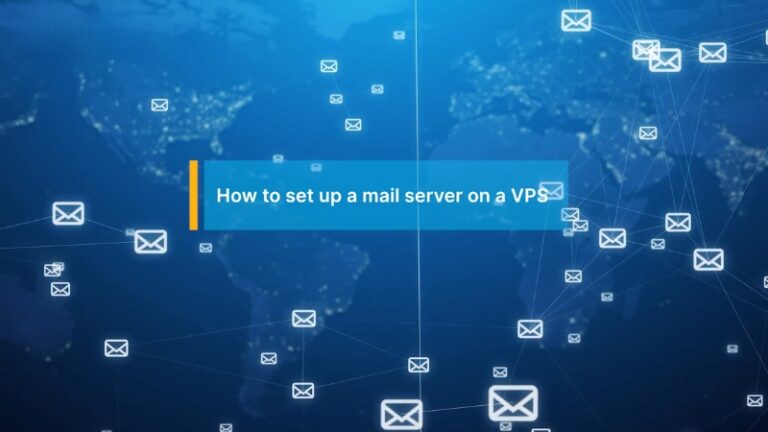 A global network graphic shows email icons connected across a map with a title bar that highlights how to set up a mail server on a VPS