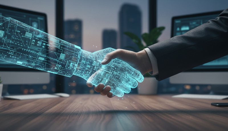 AI and human shaking hands in office