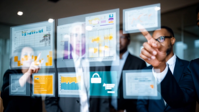 Team reviews interactive spend analytics dashboards on a transparent screen