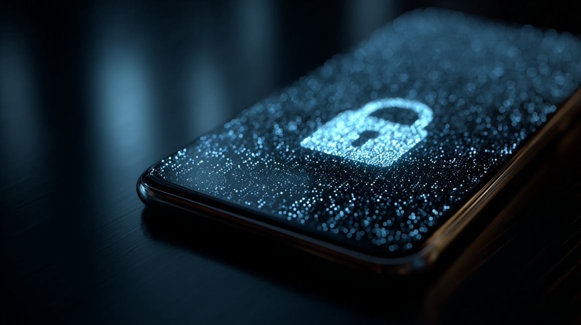 Close-up of a smartphone screen glowing with a digital padlock icon