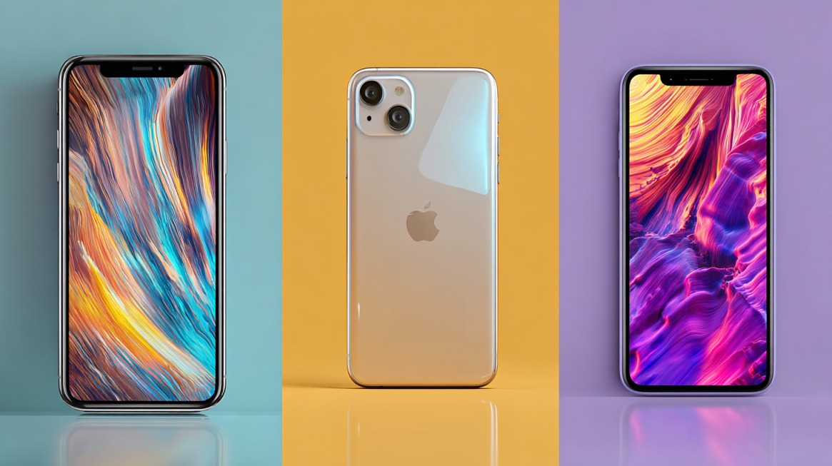 Three smartphones displayed side by side with colorful backgrounds