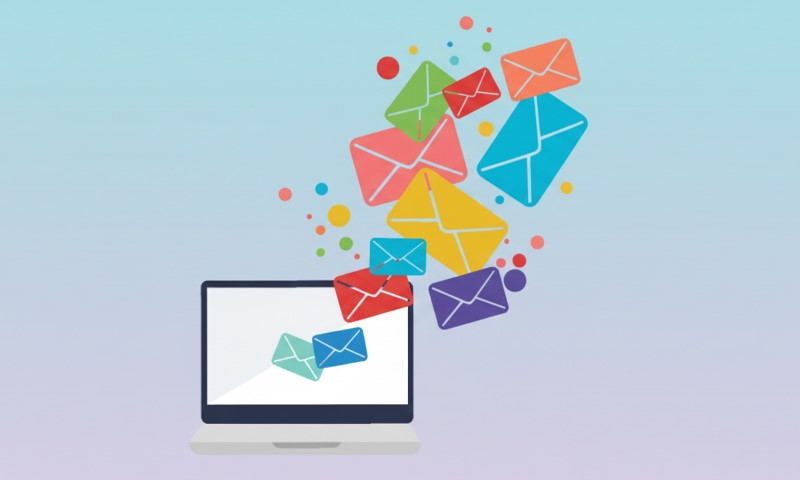 Illustration of a laptop with colorful envelopes emerging, symbolizing digital communication