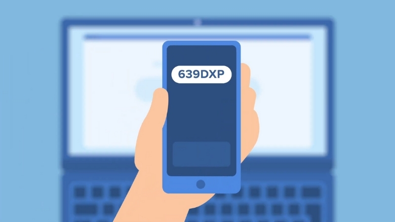 Phone shows an SMS login code while a laptop waits for verification in the background