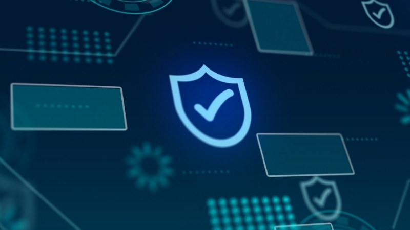 A shield icon appears on a digital network background to represent secure encrypted communication