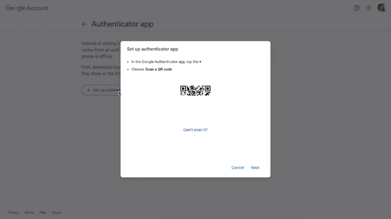 Authenticator app setup screen shows a QR code ready to be scanned for account security