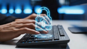 Hands type on a laptop as a lock icon represents TLS security protecting login and payment data