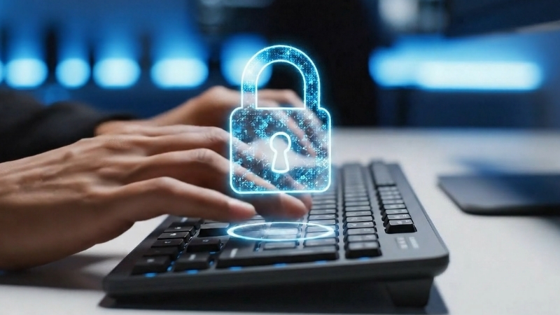 Hands type on a laptop as a lock icon represents TLS security protecting login and payment data