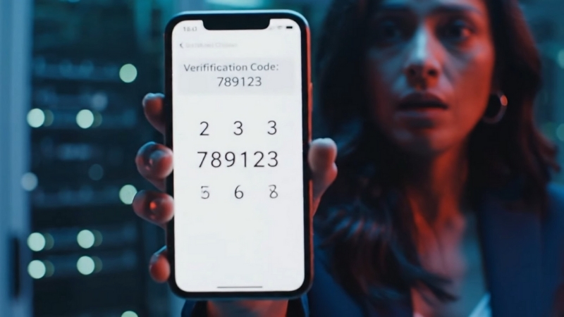 Phone screen displays an SMS verification code used for two factor authentication