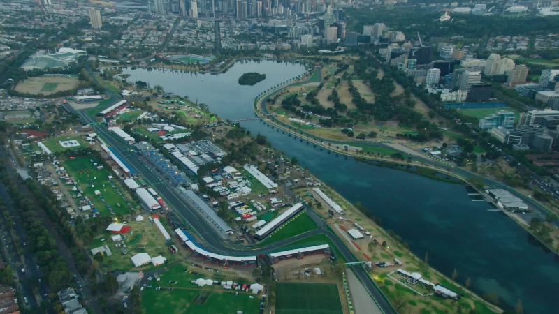 Aerial view of Albert Park Circuit in Melbourne hosting the 2026 Formula 1 Australian Grand Prix