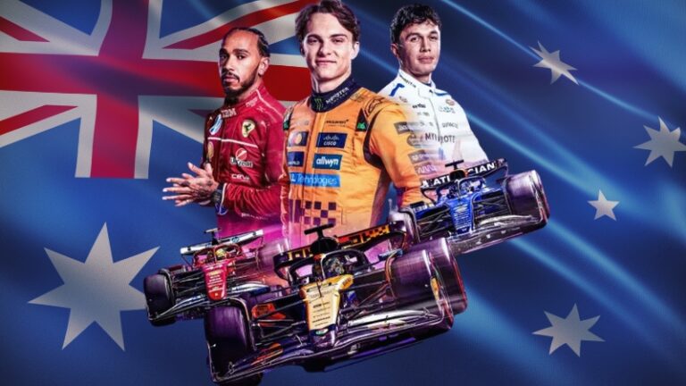 Formula 1 drivers and cars in front of the Australian flag ahead of the 2026 Melbourne opener