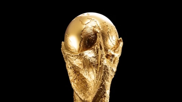 Close-up of the golden FIFA World Cup trophy against a black background
