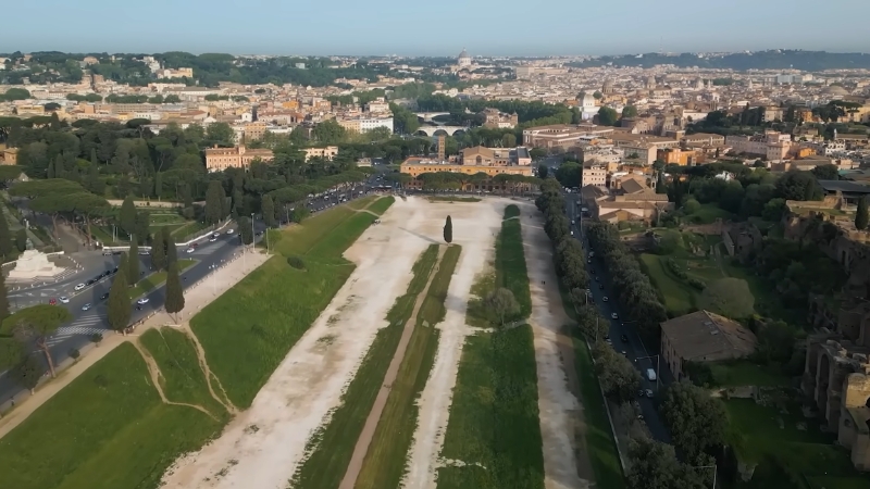 Aerial view of Circus Maximus, the ancient Roman chariot racing stadium in Rome