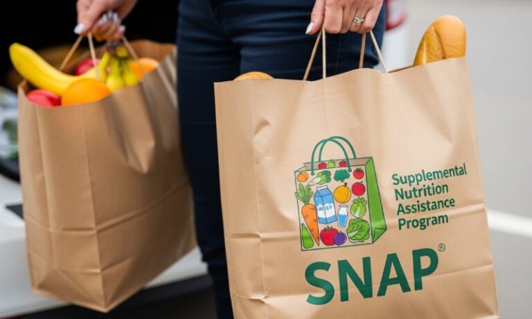 Two brown paper bags filled with groceries, including bananas and bread, with the SNAP logo and Supplemental Nutrition Assistance Program text visible