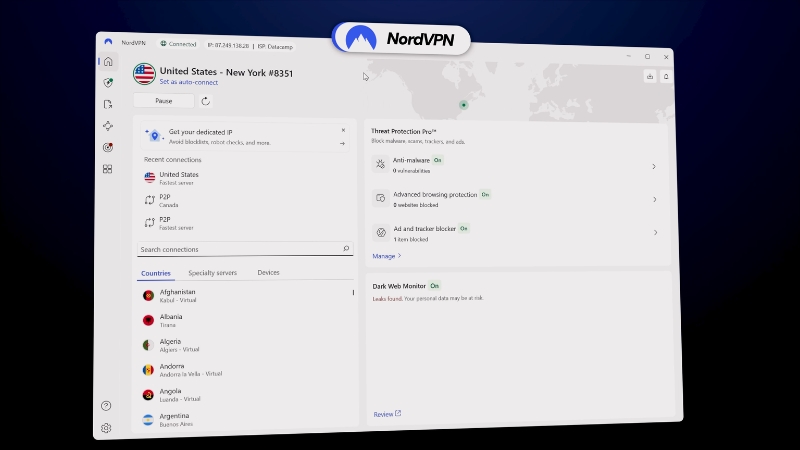 NordVPN app interface showing server selection, connection status, and security features on a desktop screen