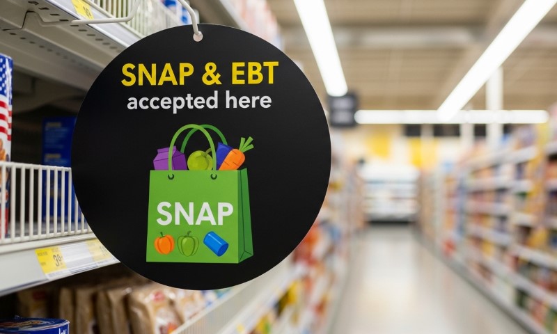 A circular sign in a grocery aisle reads