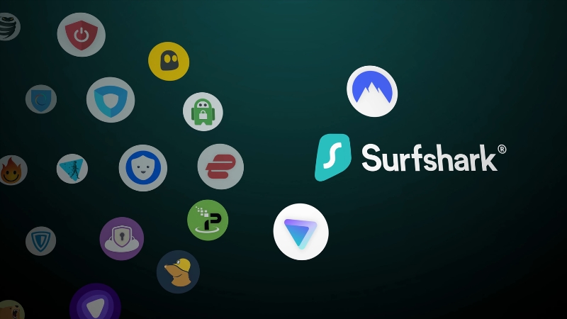Surfshark VPN logo displayed on a screen with icons representing online privacy and security tools