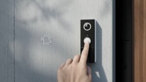 Person pressing a smart doorbell button next to a front door with the camera above