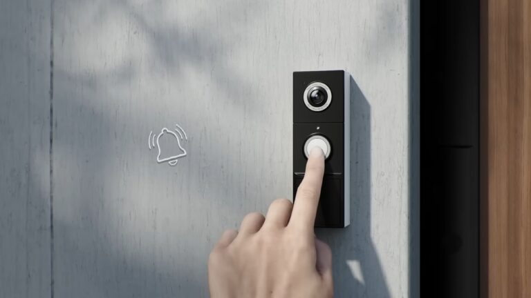 Person pressing a smart doorbell button next to a front door with the camera above