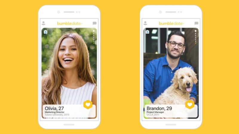Two Bumble dating profiles shown on smartphones with photos, names, ages, and like buttons visible