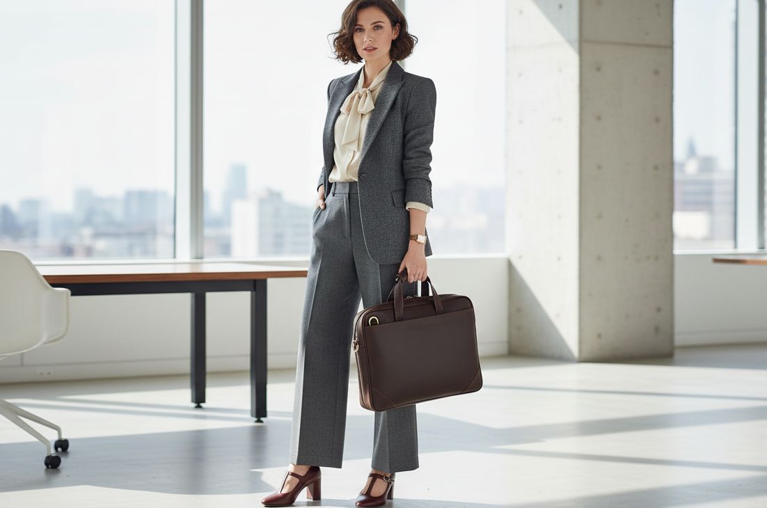Woman in a gray tailored suit and cream blouse holding a dark brown leather briefcase in a bright modern office