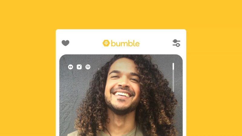 Bumble profile screen showing a smiling user with updated app features and interface