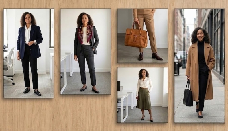 A composite gallery image of five framed photographs showcasing one woman in different professional and stylish outfits, ranging from a tailored blazer and trousers to a chic street-style look with a camel coat