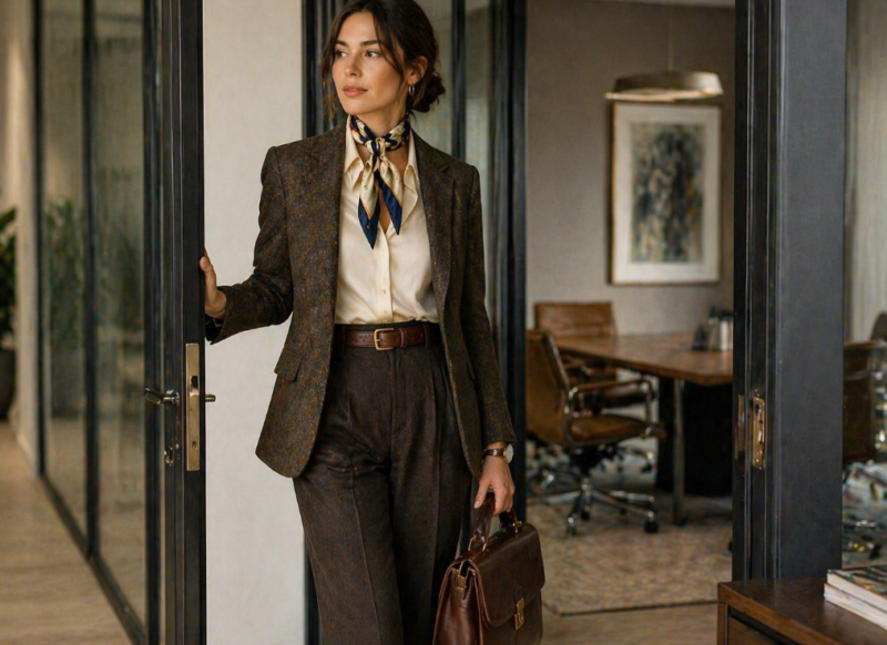 A professionally dressed woman enters a modern office wearing a vintage-inspired blazer, silk blouse, scarf, tailored trousers, and carrying a structured leather briefcase