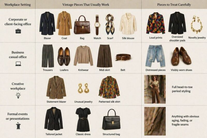 Infographic showing which vintage pieces work best in different workplace settings, including corporate offices, business casual workplaces, creative environments, and formal presentations.