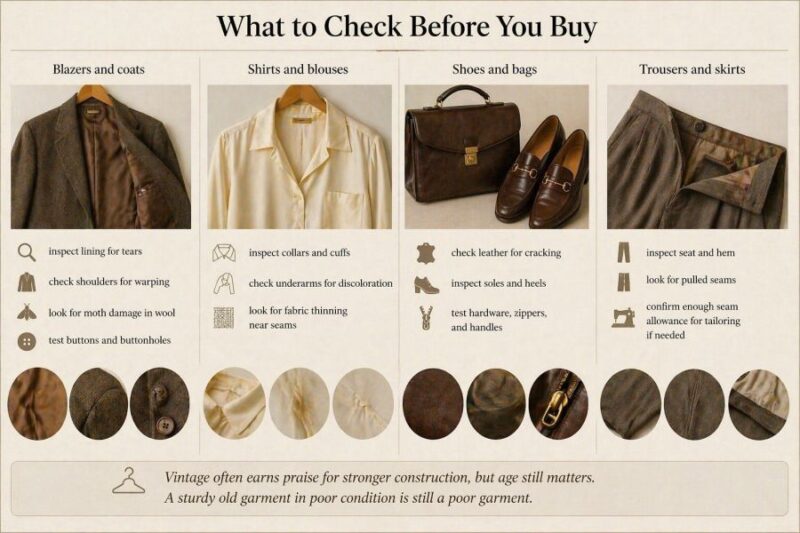 Infographic showing what to inspect before buying vintage clothing and accessories, including blazers, shirts, shoes, bags, trousers, and skirts.