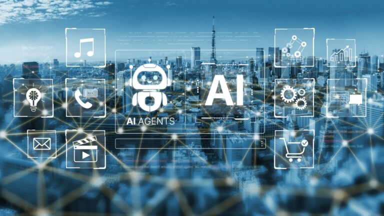 AI product development tools appear over a city skyline with business and automation icons