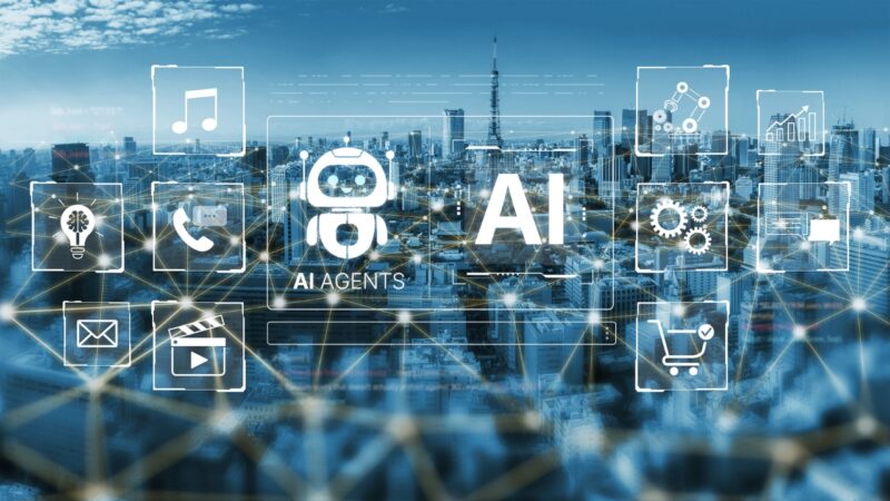AI product development tools appear over a city skyline with business and automation icons