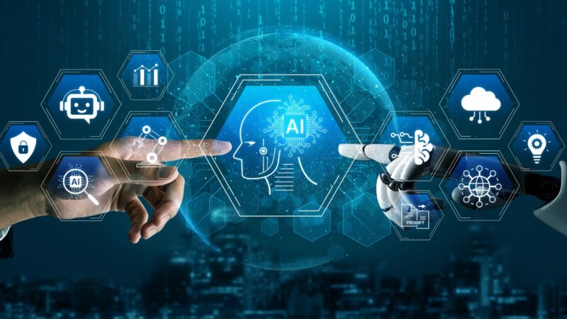 AI interface shows connected data, cloud tools, and automation systems across a digital network