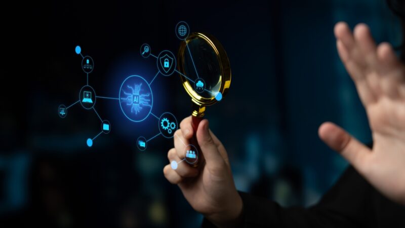 Person examines an AI automation network with workflow and security icons