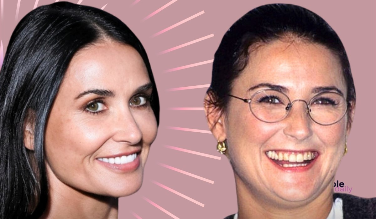 Side by side images of Demi Moore from different stages of her career, showing changes in her smile and dental appearance