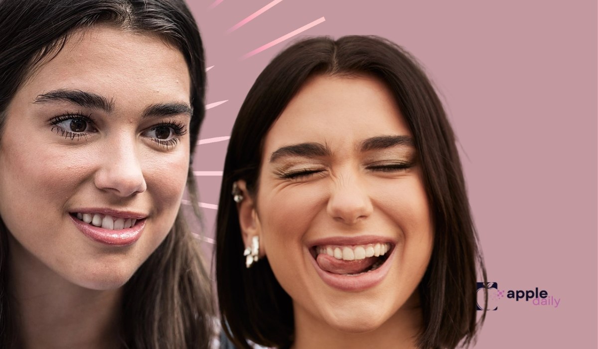 Side by side images of Dua Lipa at a younger age and as an adult, showing changes in her smile and dental appearance