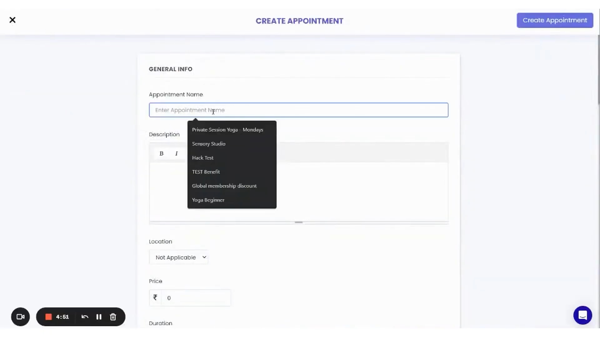 Fitness studio software screen showing an appointment creation form with fields for service details, pricing, and scheduling.