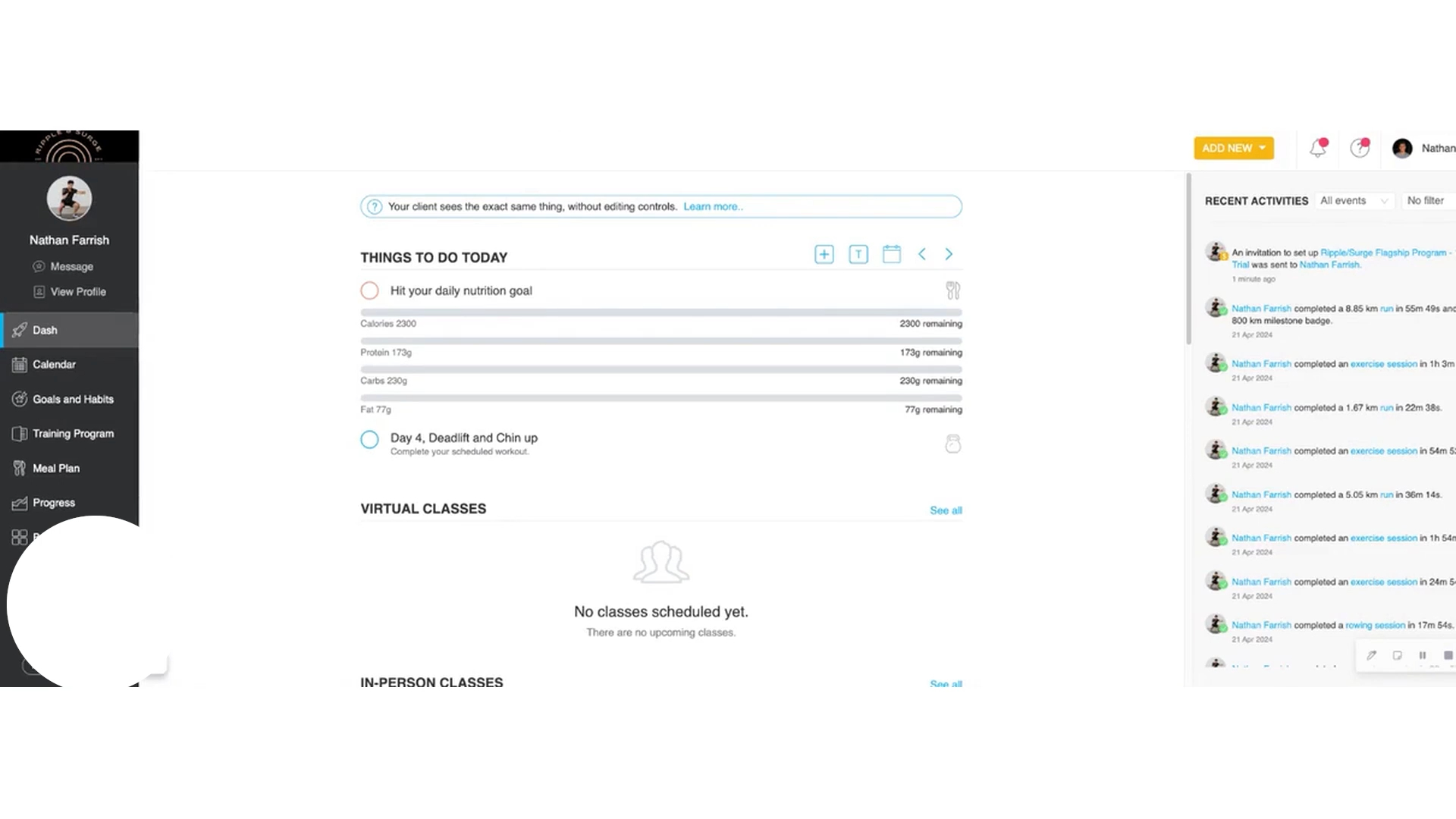 Fitness tracking dashboard showing daily goals, workout progress, nutrition targets, scheduled classes, and recent activity