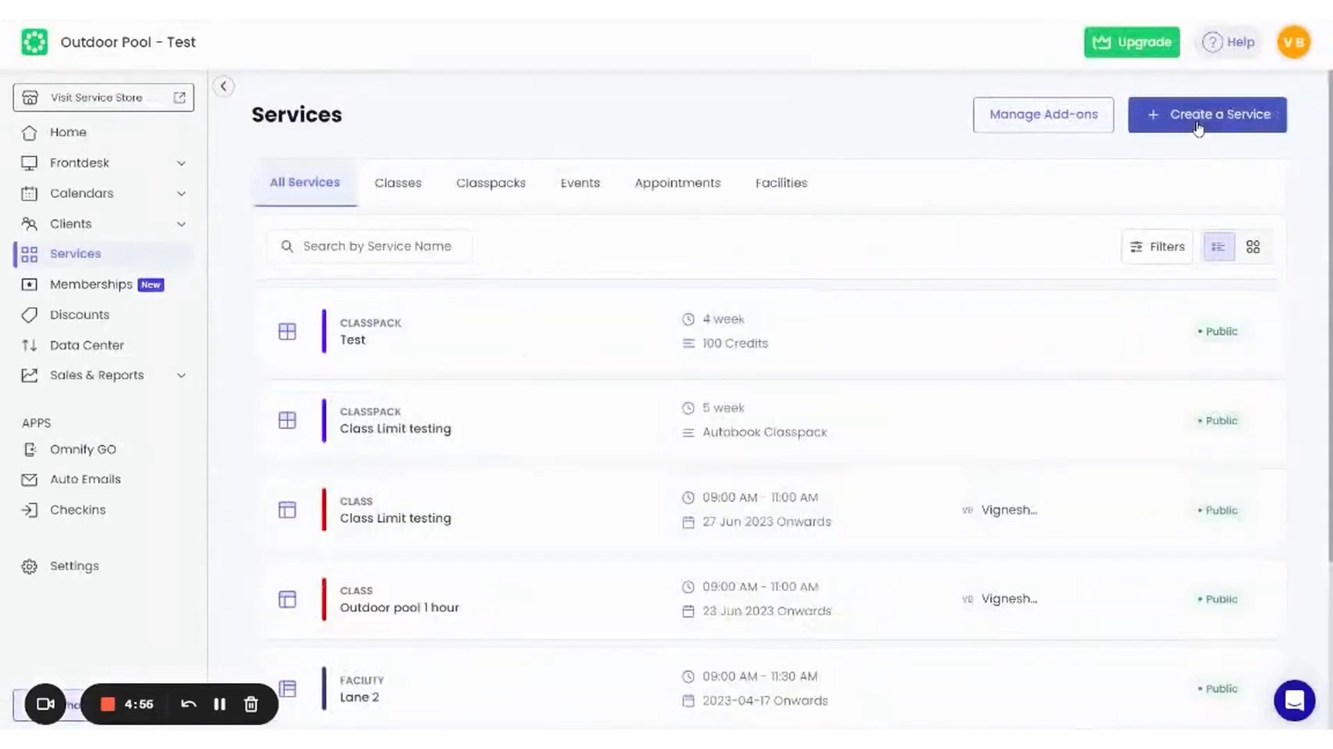 Fitness studio management software interface displaying services, class schedules, memberships, appointments, and booking options
