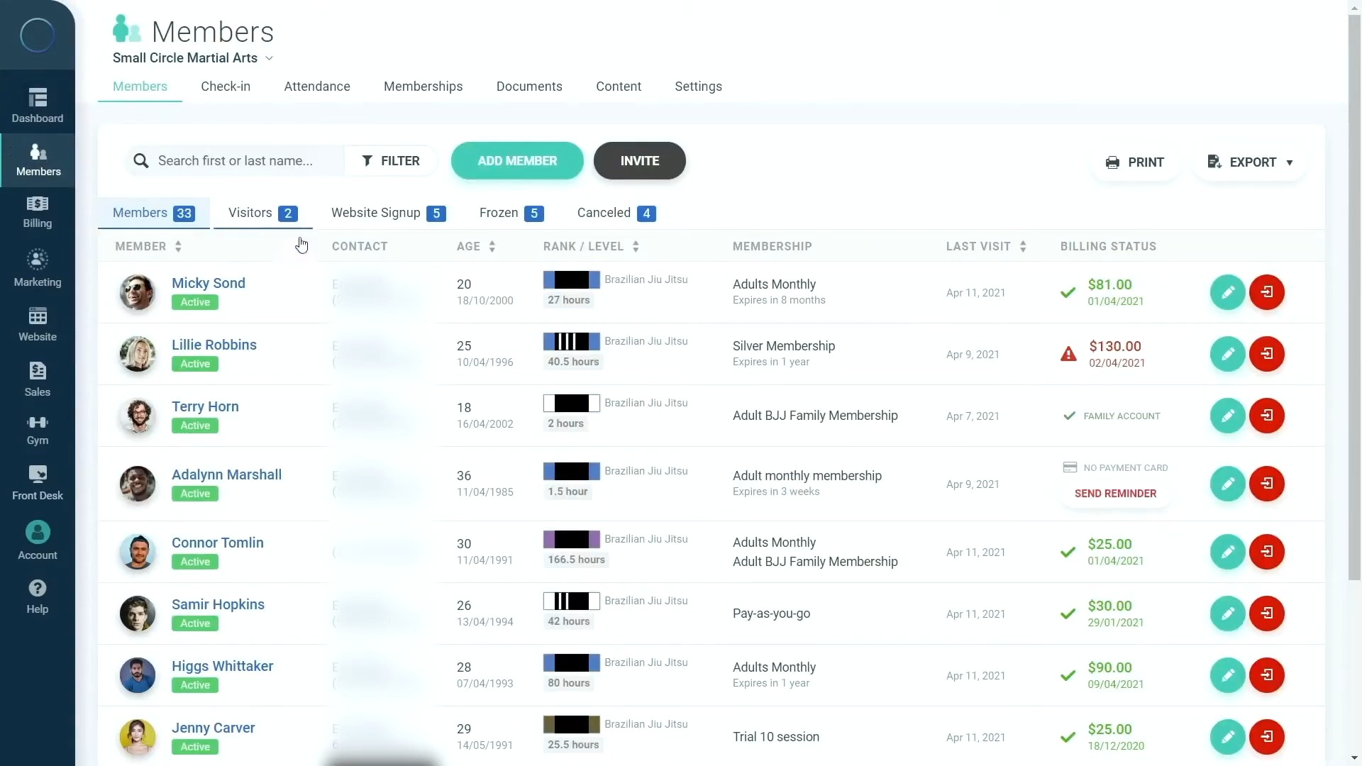 Fitness studio software displaying member profiles, attendance records, membership plans, billing information, and visit history.