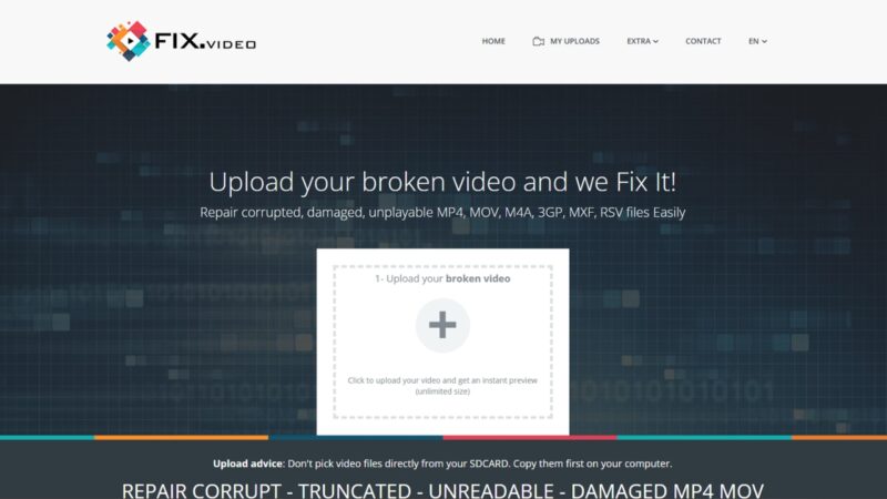 Fix.video upload page shows an online tool for damaged and unreadable video files
