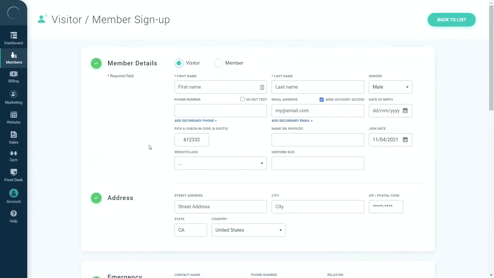 Fitness studio software sign up page with fields for member details, contact information, address, and account setup