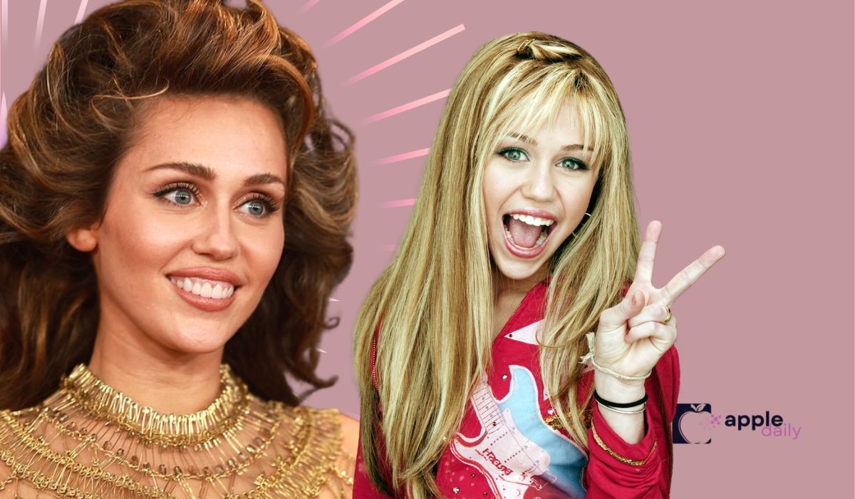 Side by side images of Miley Cyrus from her early career and adulthood, showing changes in her smile and dental appearance