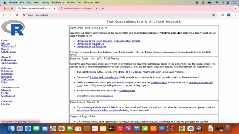 CRAN download page shown on a Mac browser with the macOS R download link highlighted