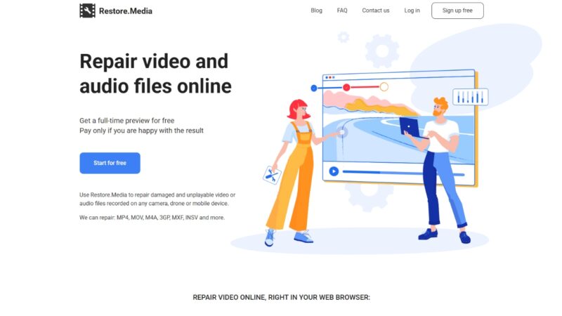 Restore.Media homepage shows an online tool for repairing damaged video and audio files