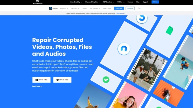Wondershare Repairit homepage shows video repair options for corrupted media files
