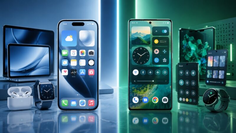 An iOS phone and Android phone compare app layouts, widgets, and device ecosystems