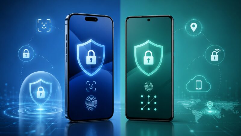 Two smartphones show privacy, theft protection, locks, shields, and biometric icons for iOS and Android