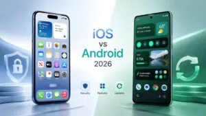 Two smartphones compare iOS and Android with security, features, and update icons in a clean 2026 tech layout